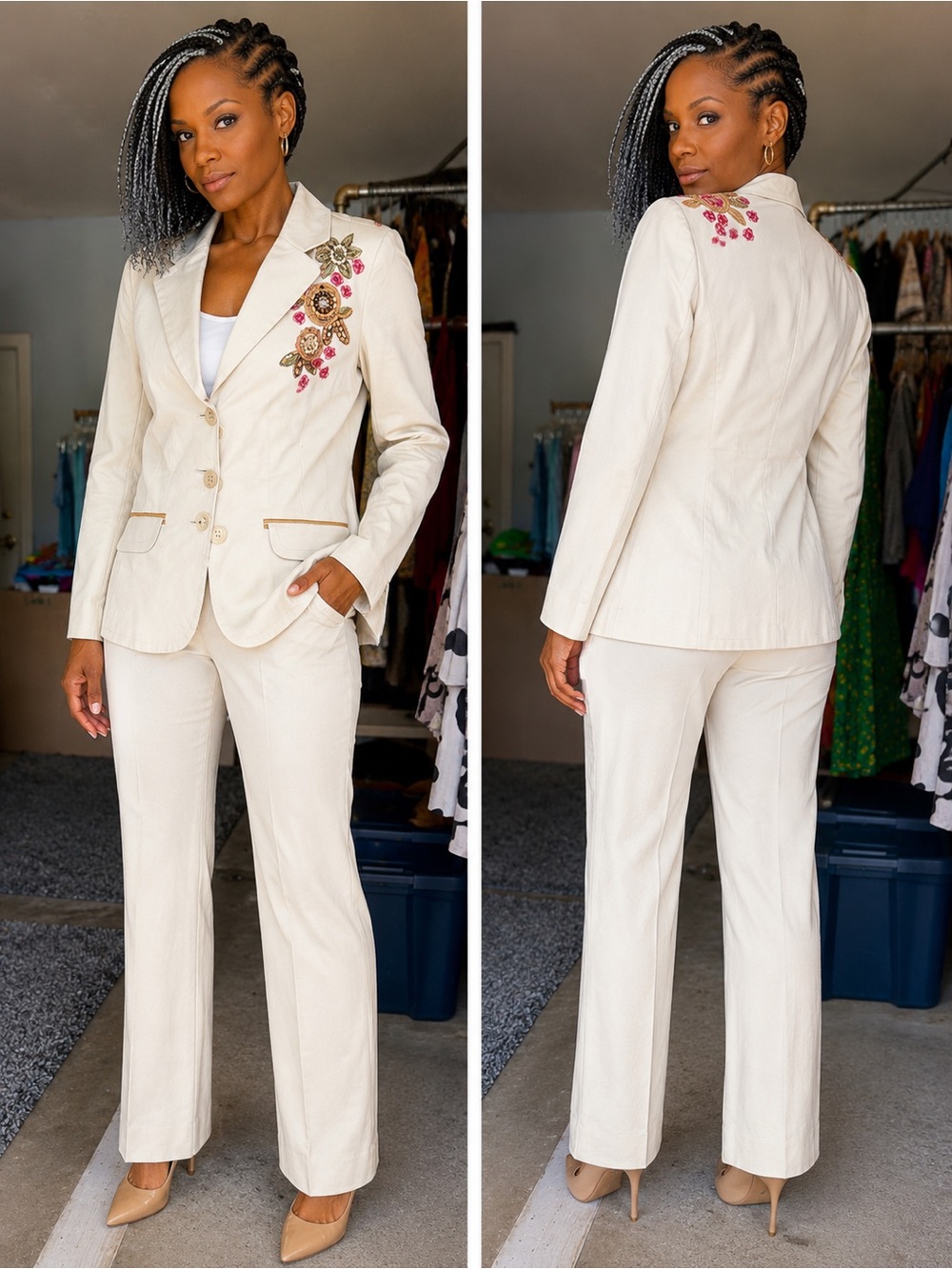 Ann Taylor Cream Blazer with Floral Beaded Appliqué